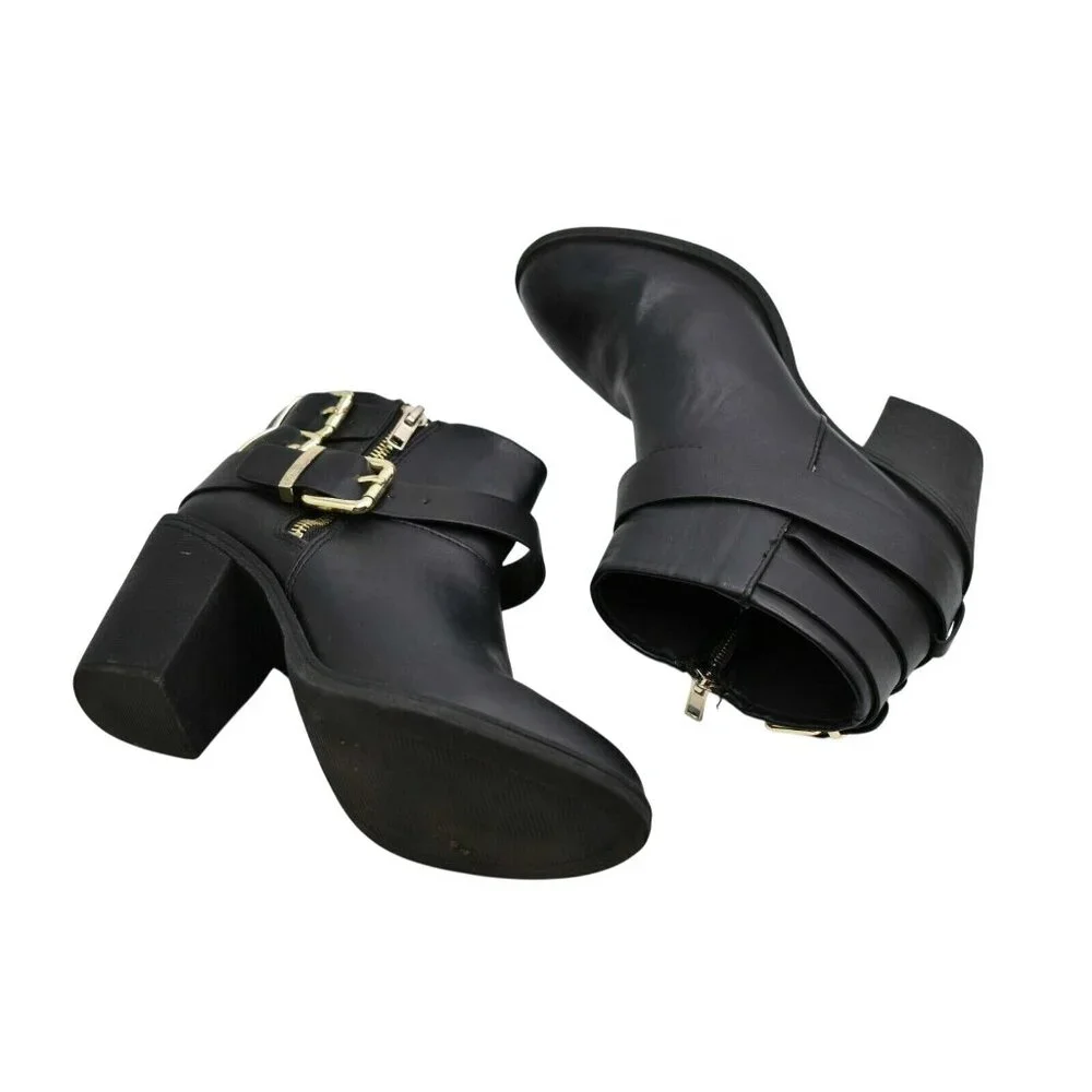 Divided Black Faux‎ Leather Ankle Booties Womens 7 M Triple Buckle Heeled Boots